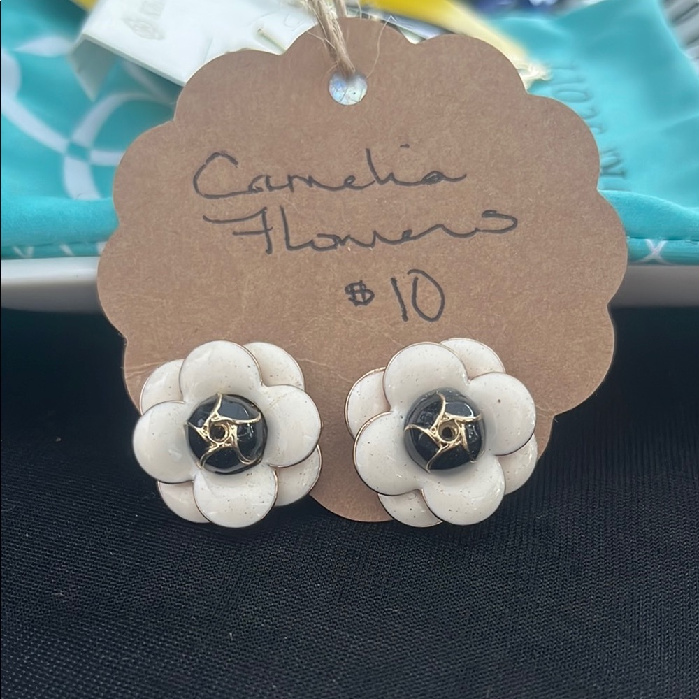 White and Black Camelia Flower Earrings